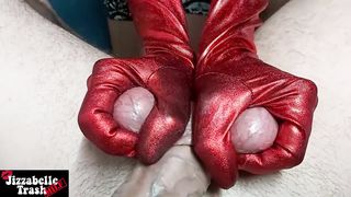 CBT Amateur Ball Squeezing Handjob in Gloves with Post Cum Torture POV