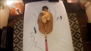 OVER BED VIEW OF HOT WIFE MASTURBATING WITH DILDO MACHINE - legs up Orgasms