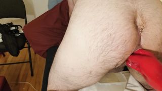 Cruel Mistress Double Fisting her Anal Whore with Red Latex Gloves