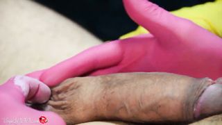 New Beauty Treatment - 4 Hands Handjob with Latex Gloves - Man Cumshot in Glove