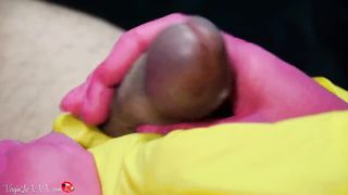 New Beauty Treatment - 4 Hands Handjob with Latex Gloves - Man Cumshot in Glove
