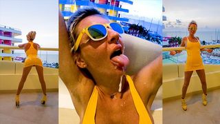 PoundPie Fucked & Mouth Creampie twice on a Balcony in Temptations Cancun! Latex Yellow Dress!