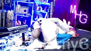 Double Penetration with Fuck Machine and Dildo. Bondage Bars + Ass to Mouth