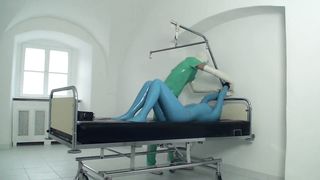 Sexy Girl Full Encased in Blue Latex Catsuit + Condom Mask and Hard Fucked