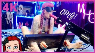 Submissive is in Pillory with many Clothespins and Fucking Machine Fuck Mouth