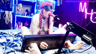 Submissive is in Pillory with many Clothespins and Fucking Machine Fuck Mouth