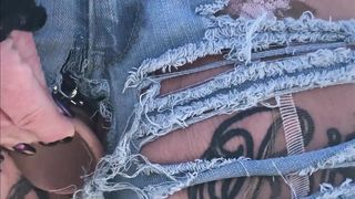 Outdoor Play with her Pierced and Tattooed Pussy in Jeans