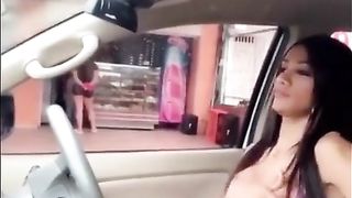 She is a very Horny Shemale Wanking it in the Car and Busted