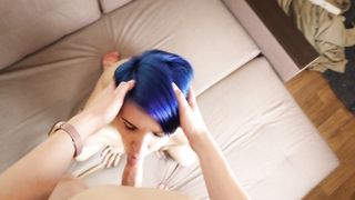 Blonde Trans Fuck Blue Haire Girl and get Anal with Strapon