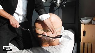 Maestro Rope Ties and Spanks Amateur MILF Marie's Ass and Feet with a Riding Crop