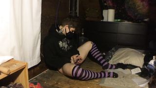 Leashed Femboy in Chastity Plays with Vibrator