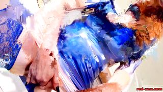 Red XXX Masturbating in her Sexy Blue Latex Dress