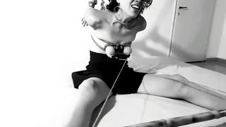 Tits bondage with her NIPPLES clamped to her TOES