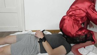 Facesitting Girl in Red Pantyhose on Slave in Handcuffs Socks Femdom