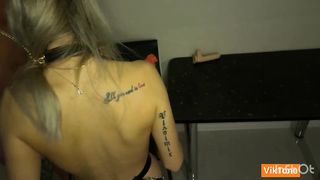 Hard fucked BDSM girl on the table who sucks rubber dicks