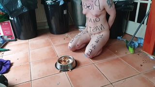 Eating cold  stale scraps in chastity