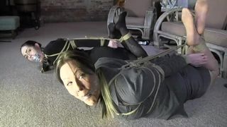 Amanda and Friend Clear Tape and Mouth Stuffing Gagged Hogtied Pt2