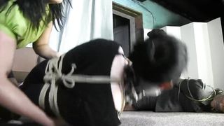 Amanda and Friend Clear Tape and Mouth Stuffing Gagged Hogtied Pt2