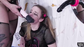 Lezdom teen slave gagging on dildos
