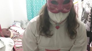 PVC Cat Priestess Miko Sissy Cosplay does Breathplay and Vibrator