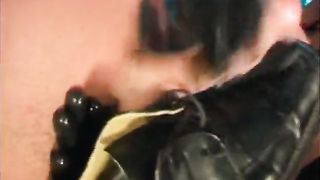 Naughty domina in latex clothes rides fat snag and sucks cum