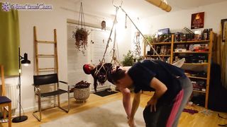 Trailer: Girl Blindfolded in Shibari Face up Suspension!