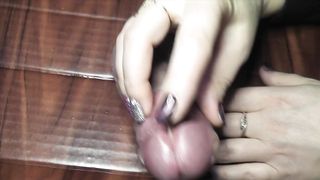 Peehole and foreskin play handjob with a double cumshot