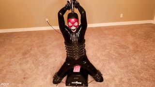 The Latex Motor Bunny - Sexy rubber dressed girl rides a Sybian then is made to cum in bondage on it