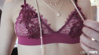 Small tit babe strips out of her lingerie and masturbates