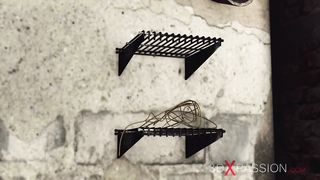 Masked man fucks hard two cuffed college girls in the basement