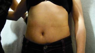 My 18 year old girlfriend gets warm pressing her belly with my hands her soft belly is delicious P1