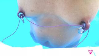 nippleringlover horny milf self nipple bondage in pool pierced nipples bound with string pulled hard