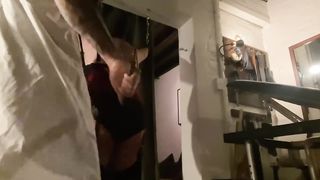 Masked chained submissive wifey spanked multiple flogers