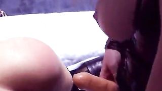 Brunette gets bent over and girl fucks her with massive strap-on