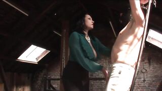 Busty milf teases and milks her slave