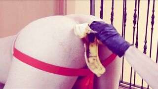 Extreme femdom milk enema stuffing bananas in his ass