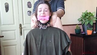 Sex slave handcuffed to a chair cums with a new toy