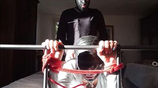 Bound in a bed I roughly fucked my wife holes, pussy and ass front view