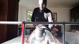 Bound in a bed I roughly fucked my wife holes, pussy and ass front view