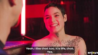 Obedient tattooed slut gets gagged and dominated by two rough guys in BDSM style