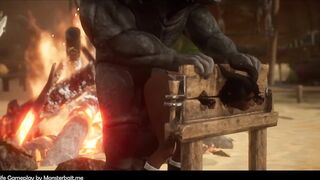 Demoness gets fucked in a pillory by monsters and furry creatures.