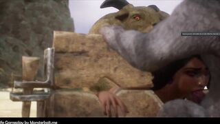 Demoness gets fucked in a pillory by monsters and furry creatures.