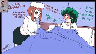 Uraraka and Mina want to ride Midoriya's big cock until they are filled with his thick semen